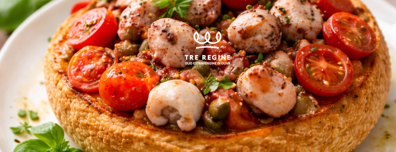 Frisella pugliese con polpo e Olio Extravergine di Oliva Tre Regine